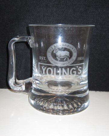beer glass from the Young's brewery in England with the inscription 'The Ram Brewery Wandsworth EST 1831 Young's'