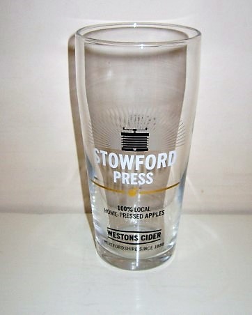 beer glass from the Westons Cider brewery in England with the inscription 'Stowford Press 100% Local Pressed Aples Westons Cider Herefordshire Since 1880'