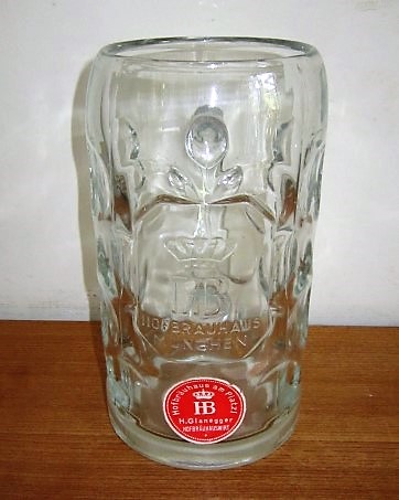 beer glass from the HB Munchen brewery in Germany with the inscription 'HB Hofbrauhaus Munchen, Hofbrauhaus Am Platzi HB Higlanegger Hofbrauhauswirt '