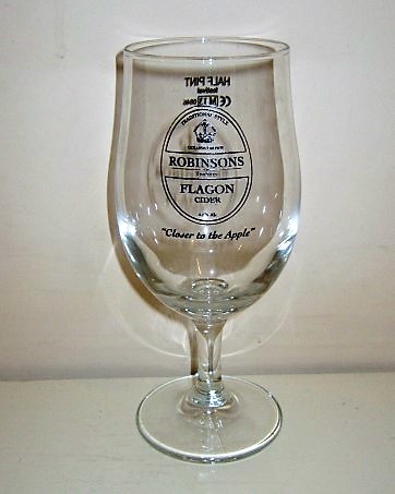 beer glass from the Robinsons Cider  brewery in England with the inscription 'Robinsons Of Tenbury Flagon Cider 4.5% Alc Close To The Apple Traditional Style Golden Crown'