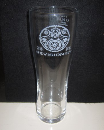 beer glass from the Marston's brewery in England with the inscription 'Revisionist, Fresh Thinking Fresh Beers'