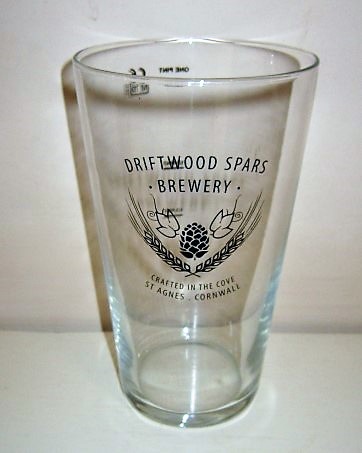 beer glass from the Driftwood Spars brewery in England with the inscription 'Driftwood Spars Brewery Creafted In The Cove St Agnes Cornwall'