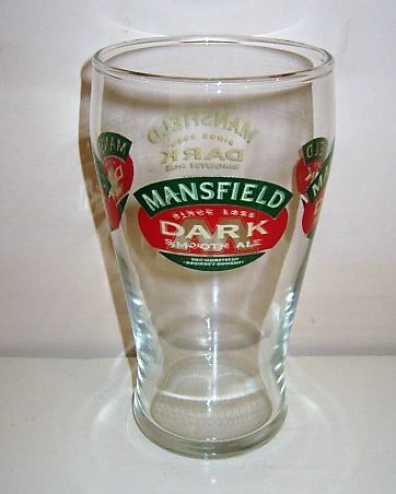 beer glass from the Marston's brewery in England with the inscription 'Mansfield Dark Smooth Ale Since 1855 The Mansfield Brewery Company'
