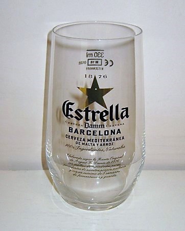 beer glass from the Damm brewery in Spain with the inscription '1876 Estrella Damm Barcelona'
