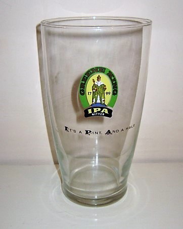 beer glass from the Greene King brewery in England with the inscription 'Greene King IPA Bitter It's A Pint And A Half'
