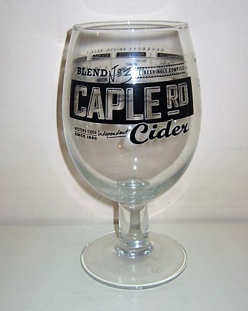 beer glass from the Westons Cider brewery in England with the inscription 'Caple RD Cider Blend No3 Refreshingly Complex Weston's Cider Since 1880'