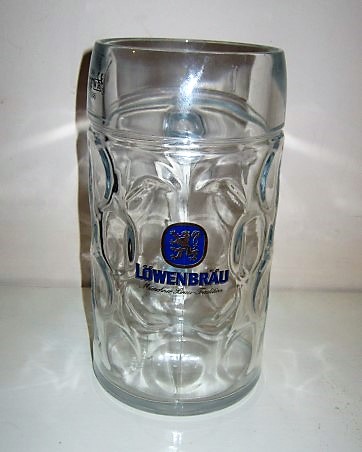 beer glass from the Lowenbrau brewery in Germany with the inscription 'Lowenbrau Munchner BrauTradition'