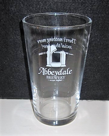 beer glass from the Abbeydale brewery in England with the inscription 'Abbeydale Brewery Est 1996 Sheffield'