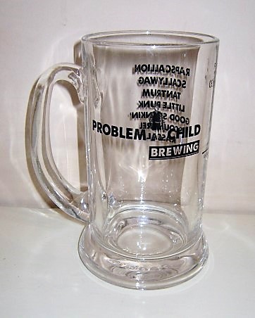 beer glass from the Problem Child brewery in England with the inscription 'Problem Child Brewing'