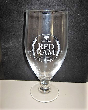 beer glass from the Ramsbury brewery in England with the inscription 'Red Ram Ramsbury, Hancrafted From Plough To Pint, Craft Lager'