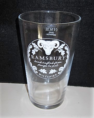 beer glass from the Ramsbury brewery in England with the inscription 'Ramsbury, Hancrafted From Plough To Pint, Wiltshire'