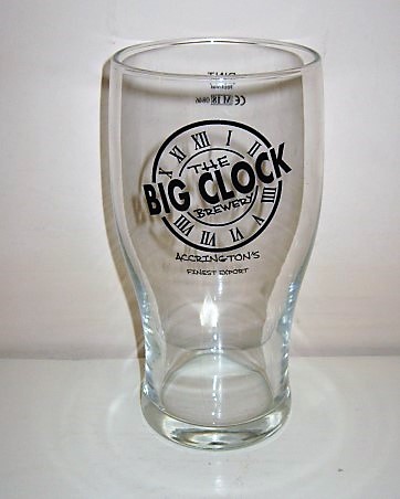 beer glass from the The Big Clock brewery in England with the inscription 'The Big Clock Brewery, Accrington's Finest Export'