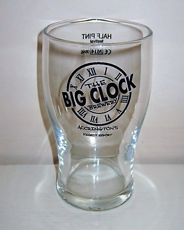beer glass from the The Big Clock brewery in England with the inscription 'The Big Clock Brewery, Accrington's Finest Export'