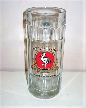 beer glass from the Storchenbru brewery in Germany with the inscription 'Storchen Private Landbauerei'