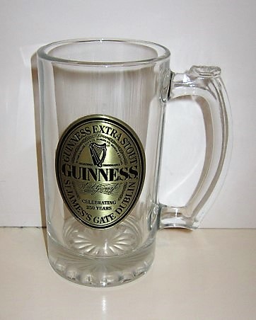 beer glass from the Guinness  brewery in Ireland with the inscription 'Guinness, Guinness Extra Stout St James's Gate Dublin, Celebrating 250 Years'