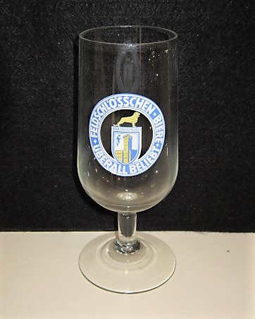 beer glass from the Feldschlsschen  Richart Kloppert,    brewery in Germany with the inscription 'Feldschlosschen Biere Ueberau Beliebt'