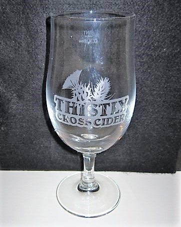 beer glass from the Thirsty Cross brewery in Scotland with the inscription 'Thirsty Cross Cider'