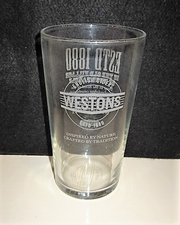 beer glass from the Westons Cider brewery in England with the inscription 'Westons English Ciders Estd 1880 Inspired By Nature, Crafted By Tradition'