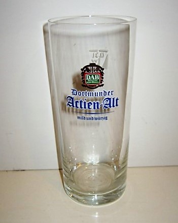 beer glass from the Dab brewery in Germany with the inscription 'Dab Dortmunder Actien Brauerei, Dortmunder Actien Alt Mild Und Wurzig'