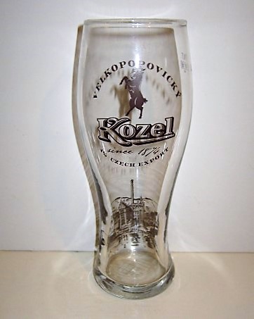 beer glass from the Velke Popovicky Kozel brewery in Czech Republic with the inscription 'Kozel Velkopopoucky 4% Czech Export'