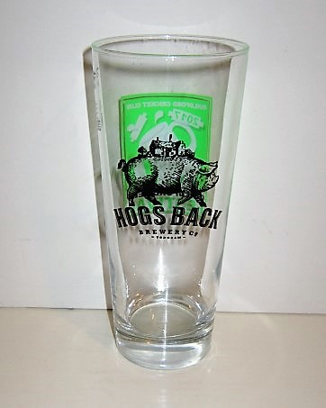 beer glass from the Hogs Back brewery in England with the inscription 'Hogs Back Brewery Tongham Surrey Inderpendent Brewers Fine English Ales'