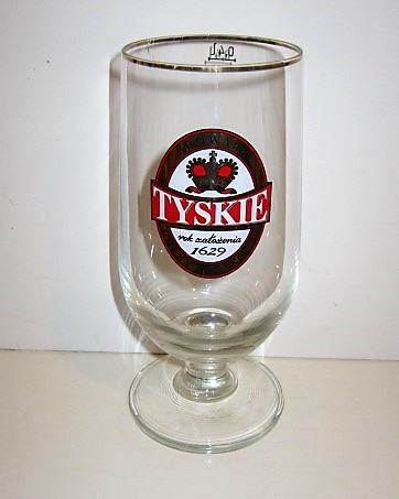 beer glass from the Tyskie brewery in Poland with the inscription 'Tyskie 1629 Browary Gorny Slask S.A.'