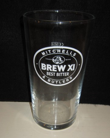 beer glass from the Mitchells & Butlers brewery in England with the inscription 'Mitchells & Butler, Trade Mark Brew X1 Best Bitter'