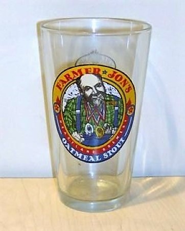 beer glass from the Heartland brewery in U.S.A. with the inscription 'Farmer Jon's Heartland Brewery Oatmeal Stout '