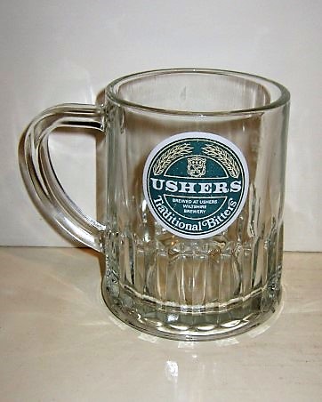 beer glass from the Ushers brewery in England with the inscription 'Ushers Brewed At Ushers Wiltshire Brewery Traditional Bitters'