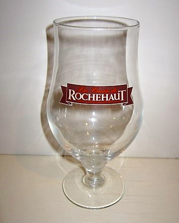 beer glass from the Caulier, Peruwelz brewery in Belgium with the inscription 'Rochehaut La Cuvee De Biere Artisanale'