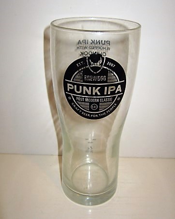 beer glass from the Brew Dog brewery in Scotland with the inscription 'EST 2007 Brewdog Punk IPA Post Modern Classic 5.4% Craft Beer For The People'