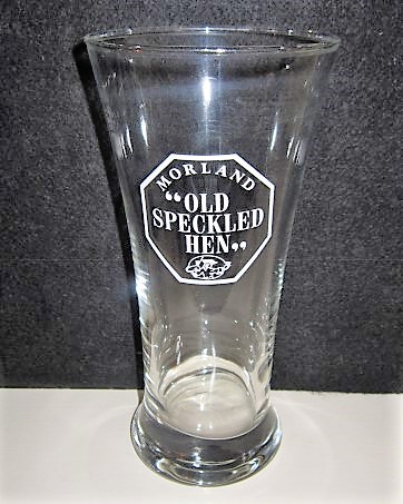 beer glass from the Morland  brewery in England with the inscription 'Morland Old Speckled Hen'