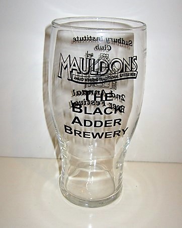 beer glass from the Mauldons brewery in England with the inscription 'Mauldons Award Winning Traditional Suffolk Beer The Black Adder Brewery'