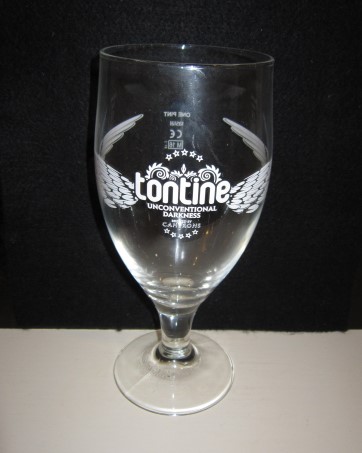 beer glass from the Camerons brewery in England with the inscription 'Tontine Unconventional Darkness Brewed By Camerons'