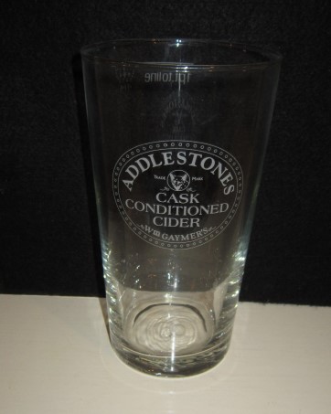 beer glass from the Addlestones brewery in England with the inscription 'Addlestones Cask Conditioned Cider WM Gaymer's'