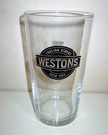 beer glass from the Westons Cider brewery in England with the inscription 'Westons English Ciders Estd 1880 '