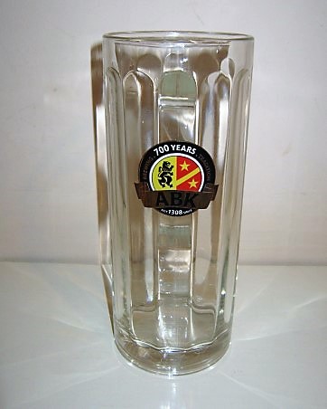 beer glass from the Aktien Kaufbeuren brewery in Germany with the inscription 'ABK Brewing 700 Years Tradition Seit 1308 Since'
