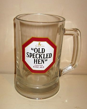 beer glass from the Morland  brewery in England with the inscription 'Old Speckled Hen EST 1711  Morland Crafted Fine Ale'