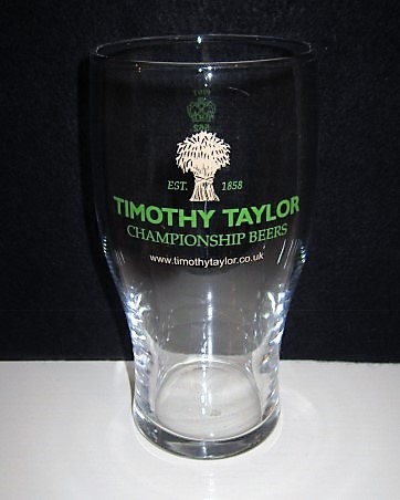 beer glass from the Timothy Taylor brewery in England with the inscription 'Est 1858 Timothy Taylor Championship Beers '