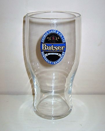 beer glass from the George Gale brewery in England with the inscription 'Butser Bitter, George Gale & Co Ltd, Horndean Hampshire'