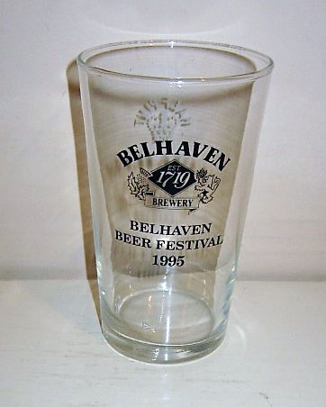 beer glass from the Belhaven brewery in Scotland with the inscription 'Belhaven Brewery Est 1719 Belhaven Beer Festival 1995'