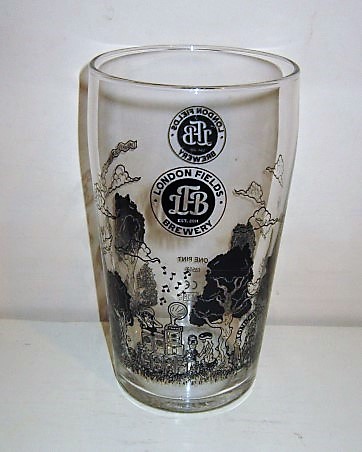 beer glass from the London Fields  brewery in England with the inscription 'LFB Est 2011 London Fields Brewery'