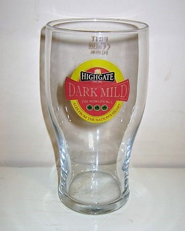 beer glass from the Highgate brewery in England with the inscription 'Highgate Dark Mild, The World's No 1 Ale From The Nation's Heart'