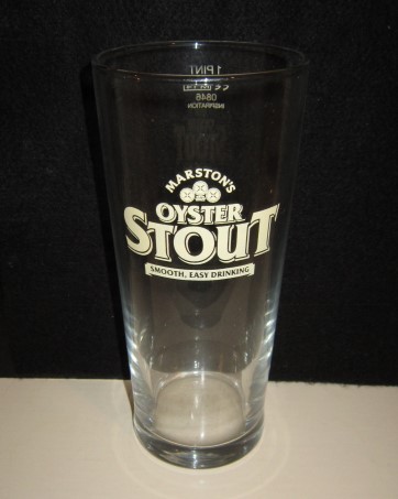 beer glass from the Marston's brewery in England with the inscription 'Marston's Oyster Stout, Smooth Easy Drinking'