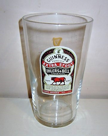 beer glass from the Guinness  brewery in Ireland with the inscription 'Guinness Foreign Extra Stout Bottled by Ehlers & Bell Liverpool Corks Branded'