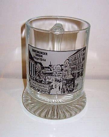 beer glass from the Dortmunder Union  brewery in Germany with the inscription 'Dortmunder Union Siegel Pils, Dortmunder Burgtor Mit Munsterstrasse'