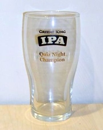 beer glass from the Greene King brewery in England with the inscription 'Greene King IPA Quiz Night Champion'