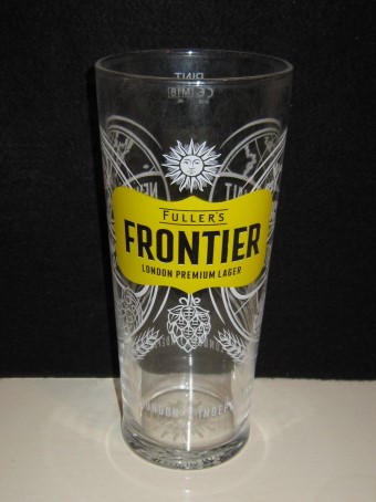beer glass from the Fuller's brewery in England with the inscription 'Fuller's Frontier London Premium Lager, New World Hops, Old World Malt, Indeprndently Brewed In London'