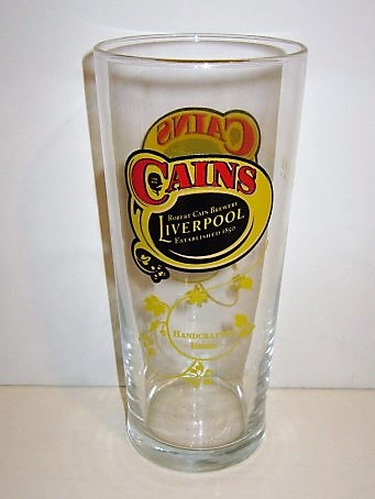 beer glass from the Robert Cain's brewery in England with the inscription 'Cains, Robert Cain Brewery Liverpool Established 1850 Handcrafted Beers'