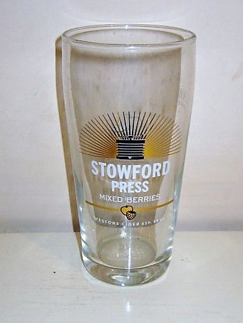 beer glass from the Wilson's brewery in England with the inscription 'Stowford Press Mixed Berries, Westons Cider EST 1880'